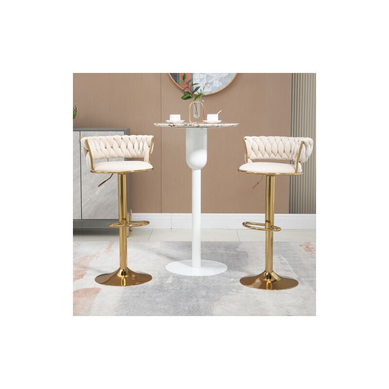 Lot de 2 tabourets de bar pivotants à 360 ° et réglables, dossier en velours fait à la main, Ivoire