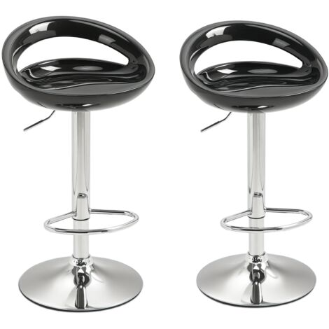 Lot de 2 Tabourets Hauts Pivotants 360°, Dossier, Repose-Pieds, Hauteur Réglable, Base Acier, 46 x 41 x 76–96 cm, Noir