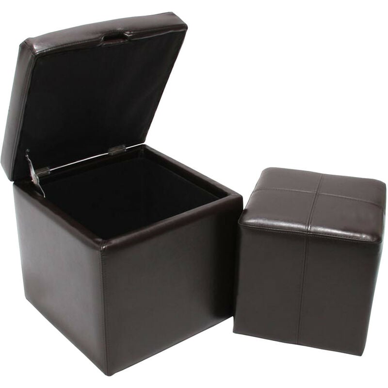 Mendler - Lot de 2 tabourets Onex, pouf + cube-coffre, cuir, marron