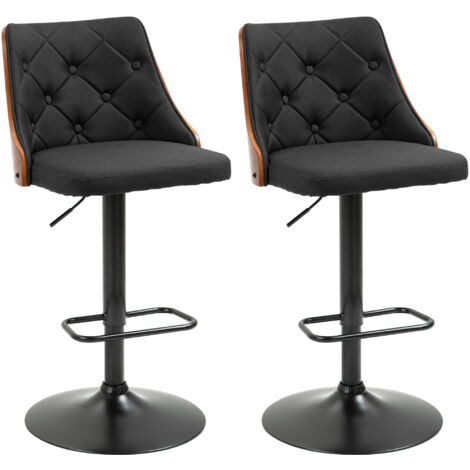 Lot de 2 Tabourets Pivotants, Hauteur Réglable, Tissu Respirant, 47,5 x 50 x 93,5–116 cm, Noir et Noyer