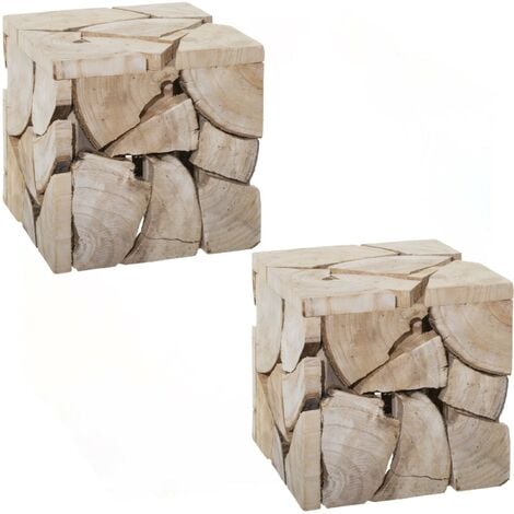 Lot de 2 Tabourets poufs carrés en MDF effet rondins de bois - Longueur 30 x Profondeur 30 x Hauteur 30 cm - Marron