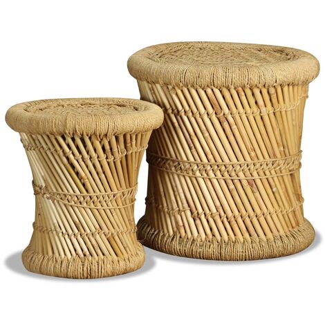 Lot de 2 Tabourets Style Contemporain Tabourets de Salon Bambou et jute 12669