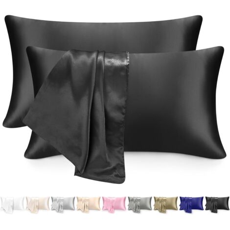 Lot de 2 Taie d'oreiller Satin 51x76, Fermeture Éclair, Douceur Soie, Noir