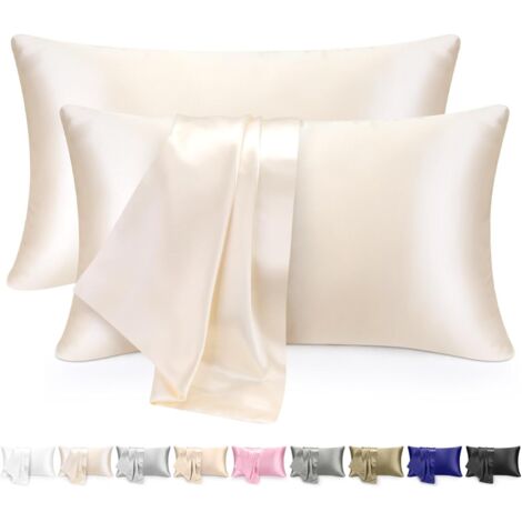 Lot de 2 Taie d'oreiller Satin 51x76, Fermeture Éclair, Ivoire Blanc, Pour Cheveux et Peau