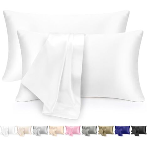 Lot de 2 Taie d'oreiller Satin 51x76cm, Fermeture Éclair, Douceur Soie, Protection Cheveux Peau, Blanc