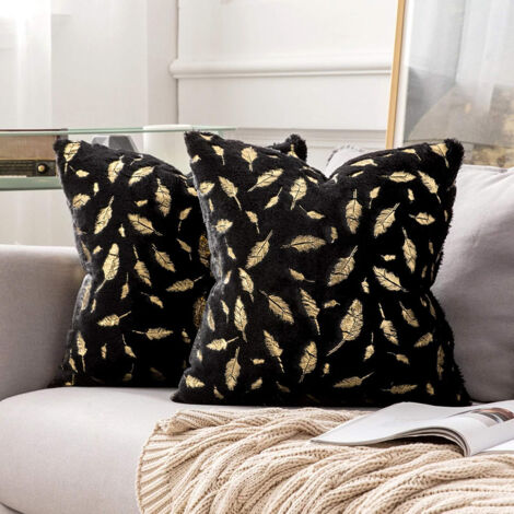 Lot de 2 taies d'oreiller courtes en peluche gaufrée à chaud, noires, 45 x 45 cm (sans garniture).