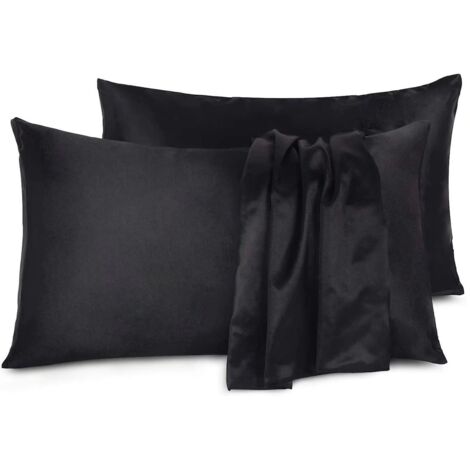 Lot de 2 taies d'oreiller double face en soie de mûrier de luxe, coloris noir élégant - 76 x 51 cm