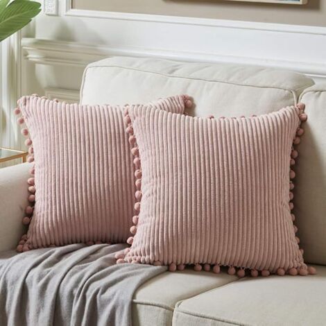 Lot de 2 taies d'oreiller pour canapé 45x45cm, housse de coussin élégante avec pompon, coussin décoratif pour lit double, rose (sans rembourrage)