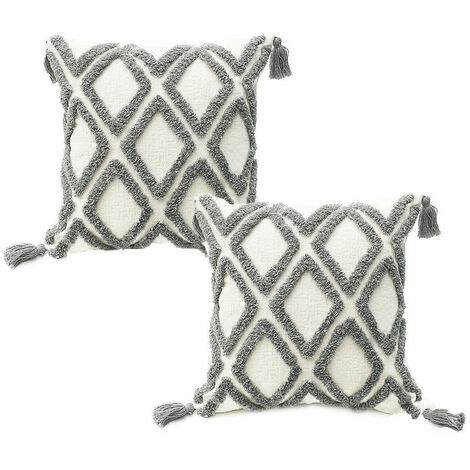 Lot de 2 taies d'oreiller rembourrées Boho blanc gris, taie d'oreiller en velours tufté super doux avec franges, motif de lignes ondulées classiques, convient au canapé 45,7 x 45,7 cm, ligne grise