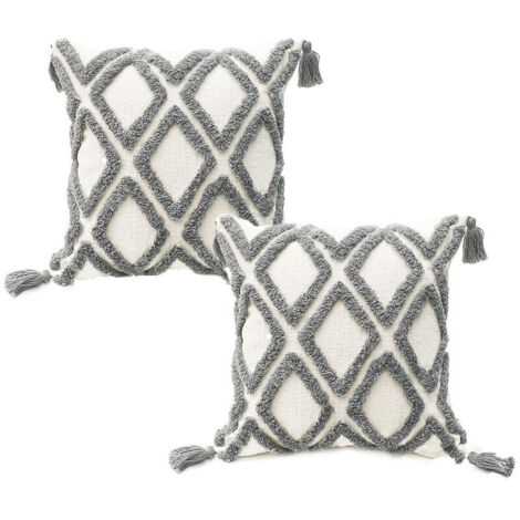 Lot de 2 taies d'oreiller rembourrées Boho blanc gris, taie d'oreiller en velours tufté super doux avec franges, motif de lignes ondulées classiques, convient au canapé 45,7 x 45,7 cm, ligne grise