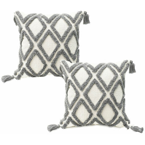 Lot de 2 taies d'oreiller rembourrées Boho blanc gris, taie d'oreiller en velours tufté super doux avec franges, motif de lignes ondulées classiques, convient au canapé 45,7 x 45,7 cm, ligne grise-BDD