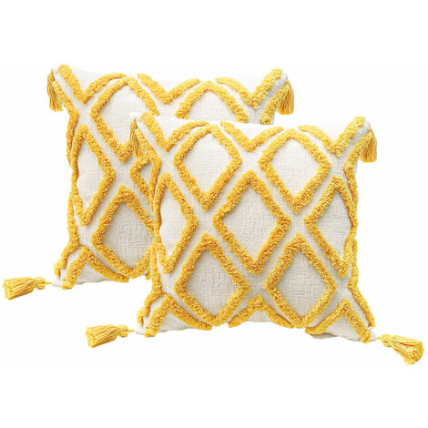 Lot de 2 taies d'oreiller rembourrées Boho blanches et jaunes, taies d'oreiller en velours tufté super doux avec franges, motif de lignes ondulées classiques, convient au canapé 45,7 x 45,7 cm, fil ja