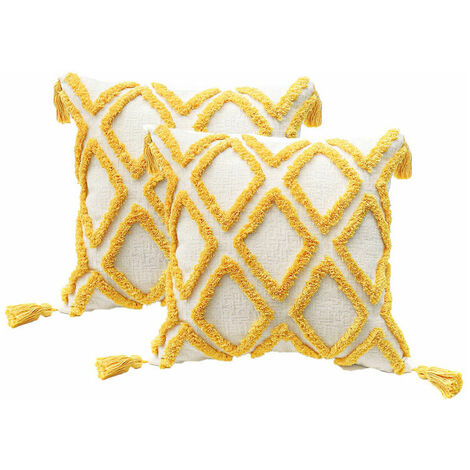 Lot de 2 taies d'oreiller rembourrées Boho blanches et jaunes, taies d'oreiller en velours tufté super doux avec franges, motif de lignes ondulées classiques, convient au canapé 45,7 x 45,7 cm, fil ja