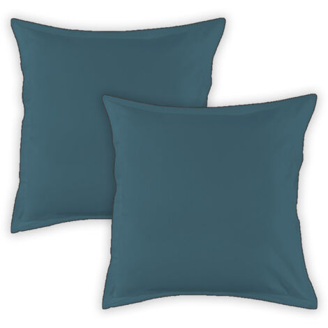 Lot de 2 taies d'oreiller unies en coton finition bourdon bleu 65x65cm