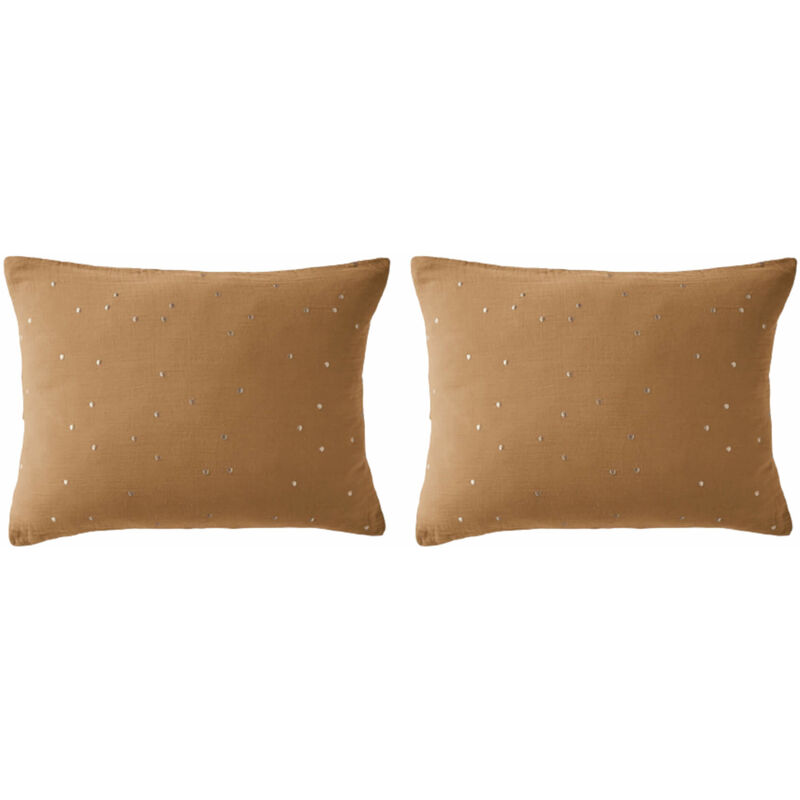 Terre De Nuit - Lot de 2 taies d'oreillers à pois brodés double gaze de coton marron 50x70