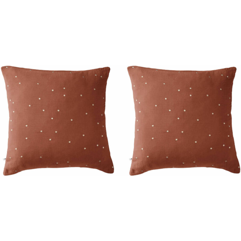 Terre De Nuit - Lot de 2 taies d'oreillers à pois brodés double gaze de coton orange terracotta 60x60