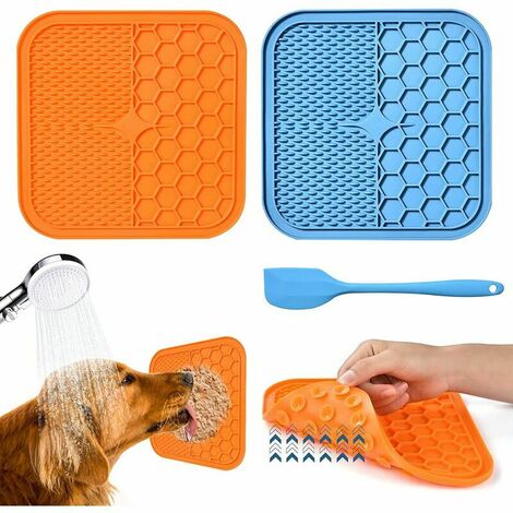 Lot de 2 tampons à lécher pour chien sans BPA avec 1 raclette en silicone, ventouse extra forte pour le bain, l'entraînement, le toilettage et l'entretien des pattes (orange + bleu) (15 x 15 x 1 cm)