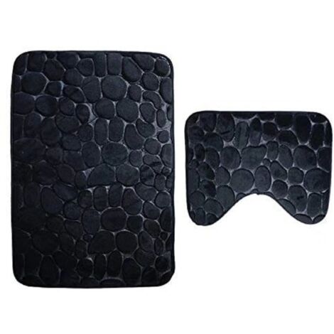 Lot de 2 Tapis de Bain Anti Dérapant et Le Tapis de Piédestal pour Salle de Bains Lavable a la Machine (50 80+40 50cm) - Noir