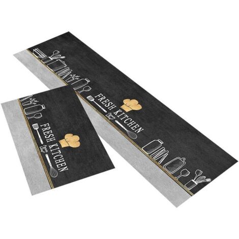 Lot de 2 Tapis de Cuisine Antidérapants - 40 x 60 cm et 40 x 120 cm - Couleur Gris
