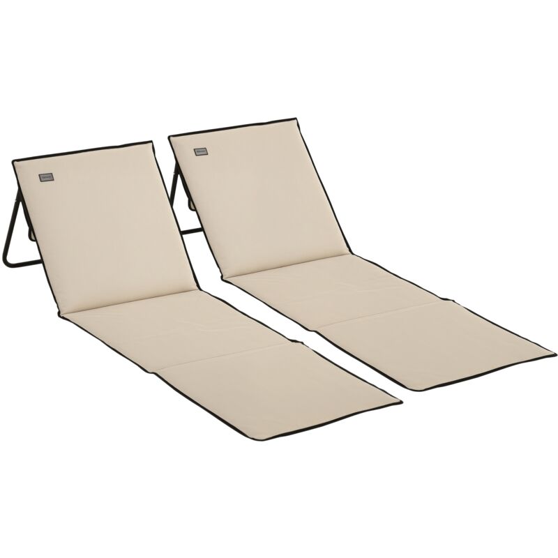 Lot de 2 tapis de plage rembourrés pliables - matelas de plage - dossier inclinable, rangement - métal polyester beige