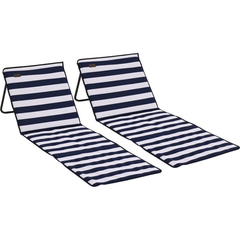 Lot de 2 tapis de plage rembourrés pliables - matelas de plage - dossier inclinable, rangement - métal polyester blanc bleu