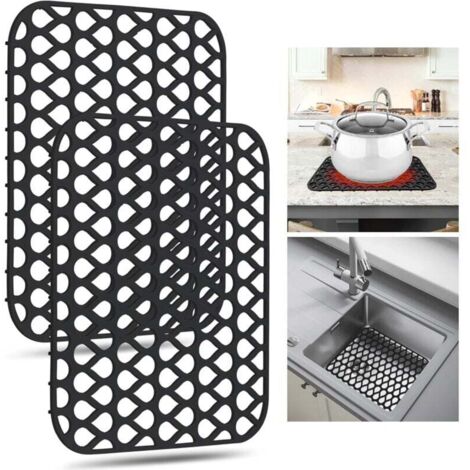 Lot de 2 tapis de protection en silicone pour évier, 34,5 x 29 cm, antidérapants, adaptés aux éviers anciens, en acier inoxydable et en céramique (noir)
