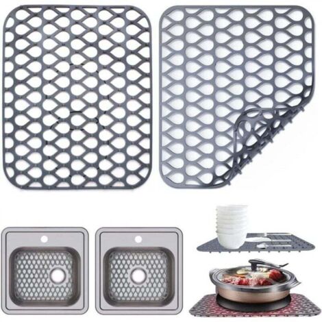 Lot de 2 tapis d'évier en silicone - Dimensions : 35 x 29 cm - Avec ouvertures d'écoulement - Gris