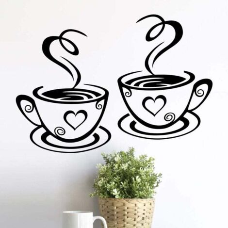 Lot de 2 tasses de stickers muraux pour cuisine en vinyle avec citation d'amour pour pub déco café thé décoration amovible mural autocollant mural noir tasse décoration de la maison magasin(A)