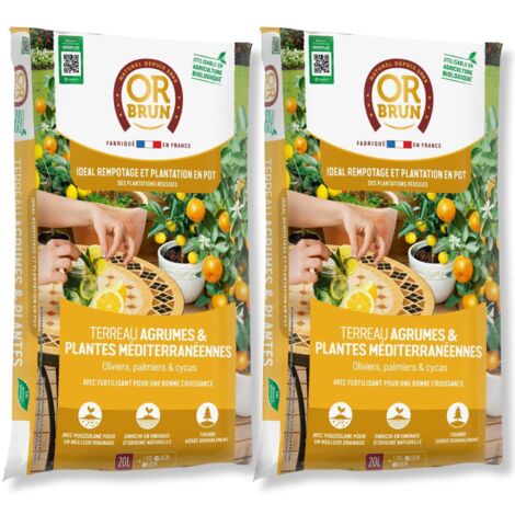 Lot de 2 Terreau OR BRUN Agrumes & Plantes Méditerranéennes 20L - Le Secret d'une Floraison Réussie