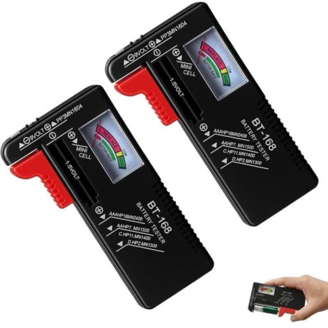 Lot de 2 testeurs de piles BT-168 universels pour piles bouton AA AAA C D 9 V 1,5 V - Testeur de batterie analogique compact pour piles standard et rechargeables - État simple de la batterie