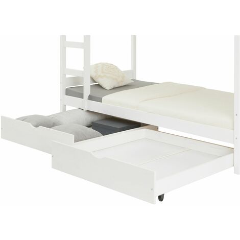 Lot de 2 tiroirs FELIX pour lit enfant en 90x200 cm, rangement sous lit simple ou superposé, en pin massif lasuré blanc - Blanc