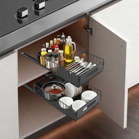 Lot de 2 tiroirs télescopiques modernes extensibles - Noir 37,5 x 24,5 10 cm Pour cuisine, salle bain, buanderie