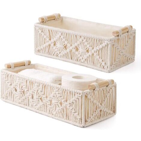 Lot de 2 Tissés Paniers de Rangement Boho, Décoration, Corbeille Tressé Rectangulaire pour Salon, Entrée et Salle de Bain