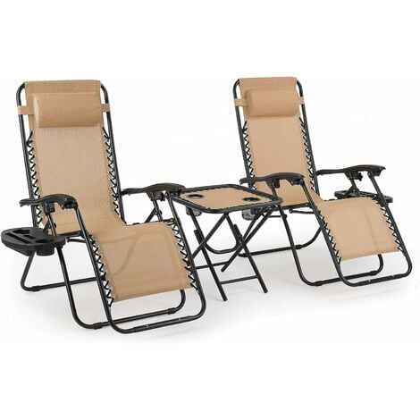 Lot de 2 Transat Pliable avec Table d'appoint, Chaise Longue Pliante avec Porte-gobelet et Coussin de Tête Téglable, Ergonomique et Respirante, Structure en Acier, Beige Foncé