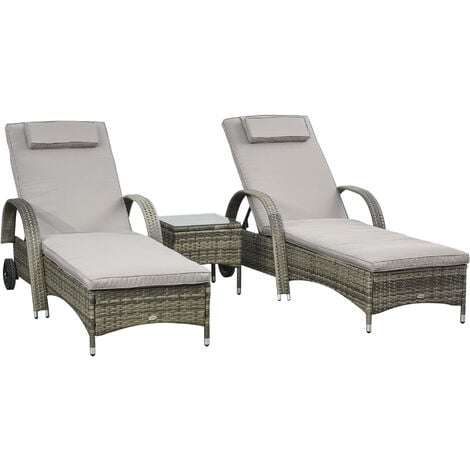 Lot de 2 transats bains de soleil grand confort : matelas, têtière, inclinaison réglable multipostions, accoudoirs, roulettes + table basse verre trempé résine tressée grise