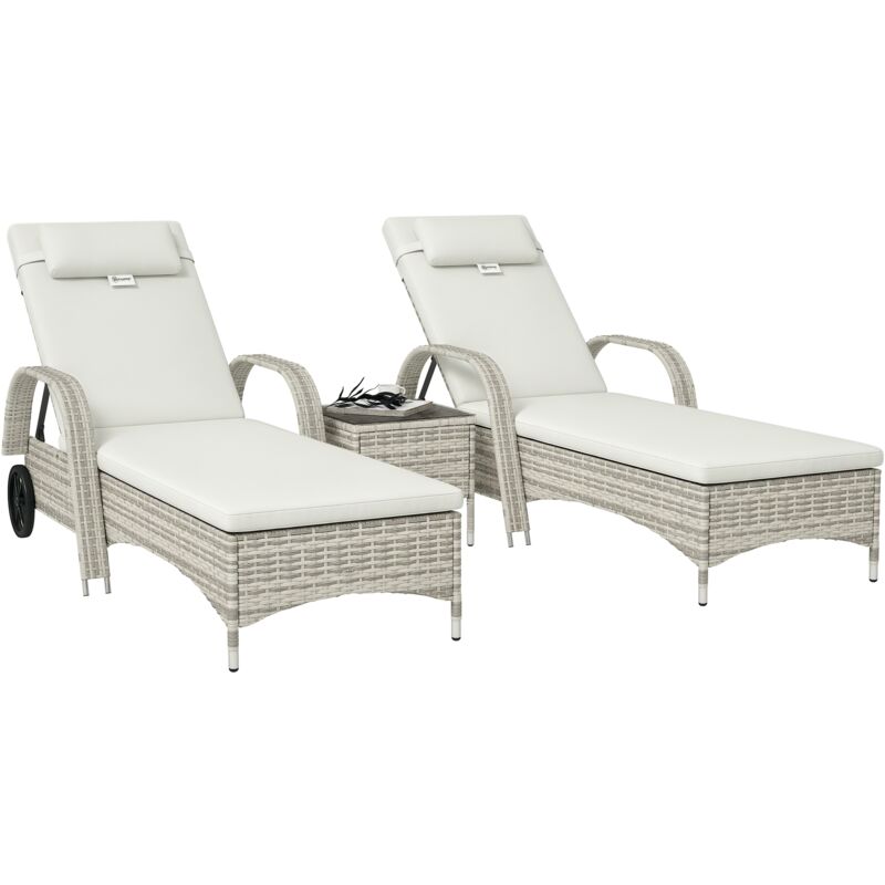 Lot de 2 bains de soleil inclinables tout confort avec table d'appoint résine tressée crème