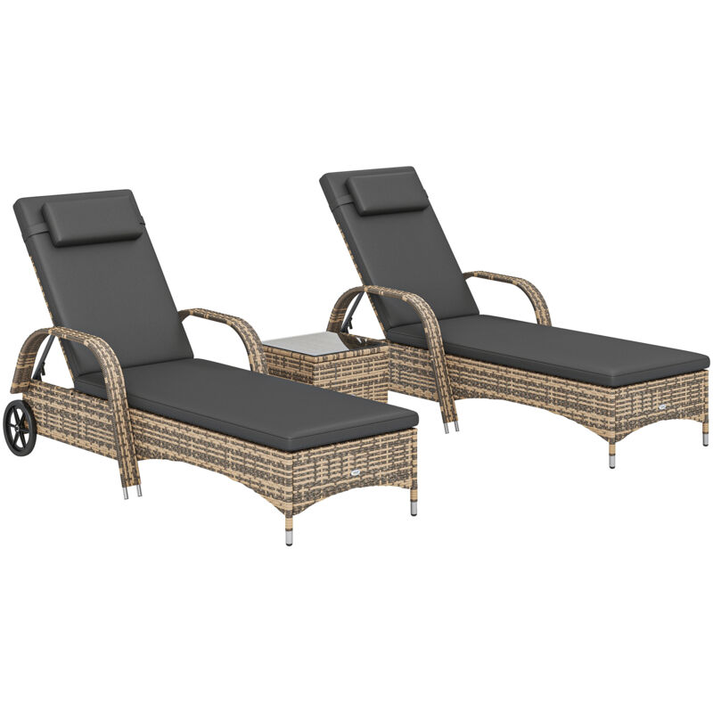 Lot de 2 transats - Outsunny - inclinaison réglable multipositions - accoudoirs roulettes table basse - résine PE - gris foncé