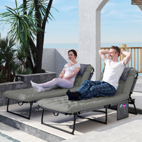Lot de 2 transats bains de soleil pliable avec dossier inclinable 4 positions - appui-tête et matelas épais