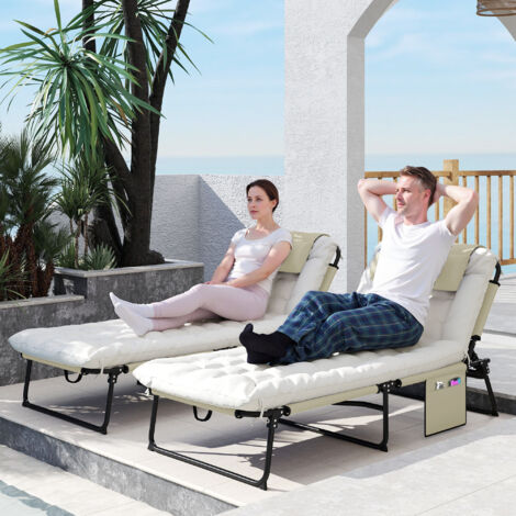 Lot de 2 transats bains de soleil pliable avec dossier inclinable 4 positions - appui-tête et matelas épais beige
