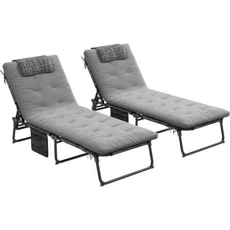 Lot de 2 transats bains de soleil pliables inclinables - tétière, matelas épais - métal tissu gris