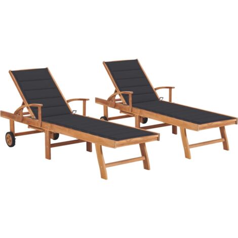 Lot de 2 transats chaise longue bain de soleil lit de jardin terrasse meuble d'extérieur avec coussin anthracite teck solide