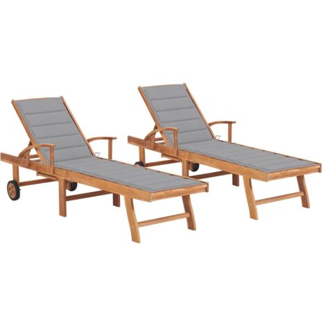 Lot de 2 transats chaise longue bain de soleil lit de jardin terrasse meuble d'extérieur avec coussin gris bois de teck solide