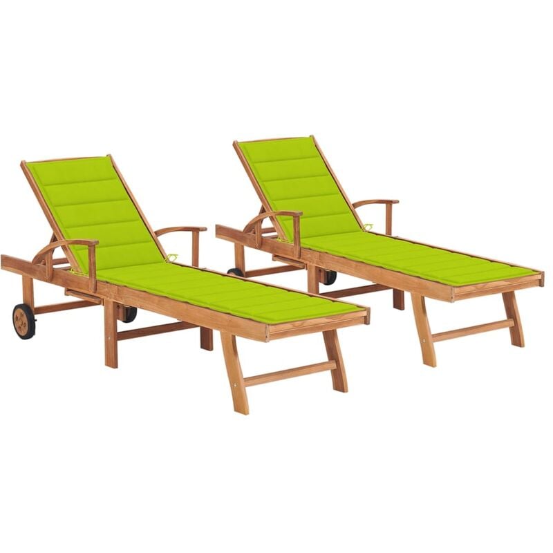 Lot de 2 transats chaise longue bain de soleil lit de jardin terrasse meuble d'extérieur avec coussin vert vif bois de teck solide