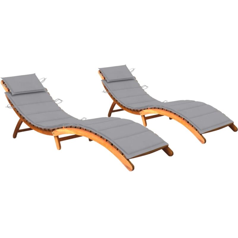 Lot de 2 transats chaise longue bain de soleil lit de jardin terrasse meuble d'extérieur avec coussins bois d'acacia solide