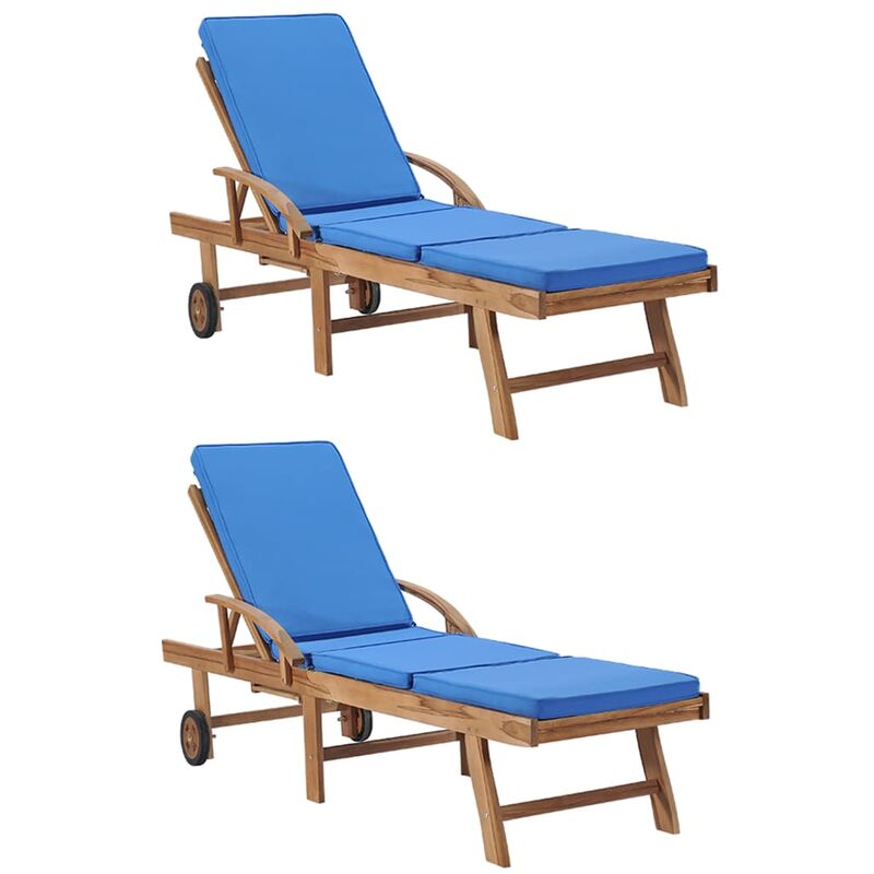 Helloshop26 - Lot de 2 transats chaise longue bain de soleil lit de jardin terrasse meuble d'extérieur avec coussins bois de teck solide bleu - Bleu
