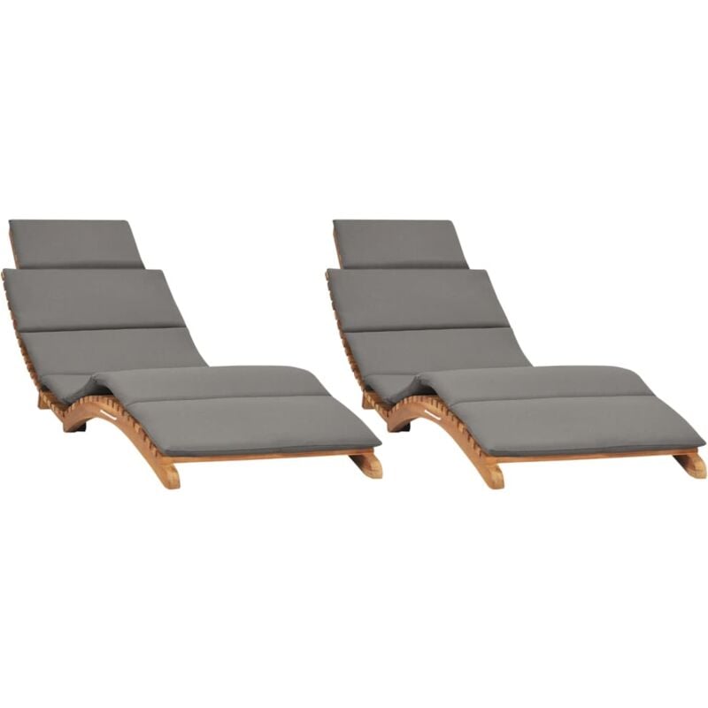 Lot de 2 transats chaise longue bain de soleil lit de jardin terrasse meuble d'extérieur avec coussins bois massif de teck