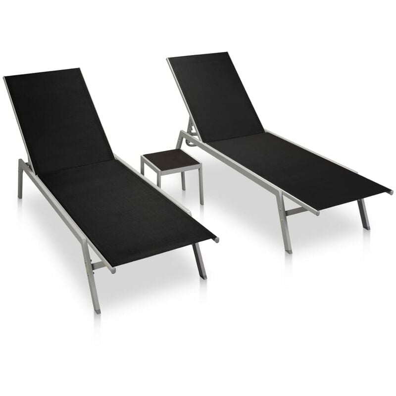 Helloshop26 - Lot de 2 transats chaise longue bain de soleil lit de jardin terrasse meuble d'extérieur avec table acier et textilène noir