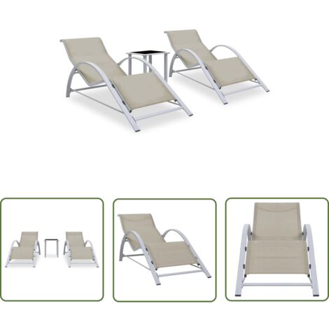 Lot de 2 transats chaise longue bain de soleil lit de jardin terrasse meuble d'extérieur avec table aluminium crème