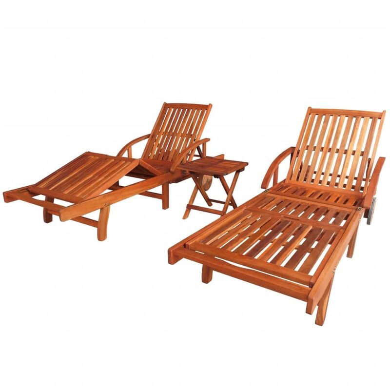 Helloshop26 - Lot de 2 transats chaise longue bain de soleil lit de jardin terrasse meuble d'extérieur avec table bois d'acacia solide - Bois