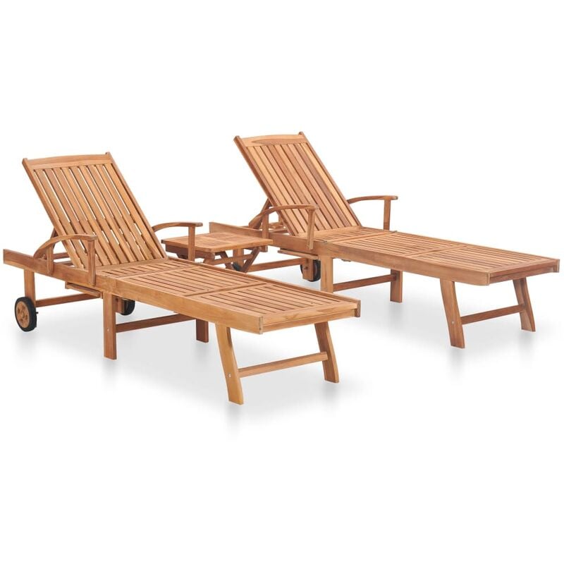 Helloshop26 - Lot de 2 transats chaise longue bain de soleil lit de jardin terrasse meuble d'extérieur avec table bois de teck solide - Bois